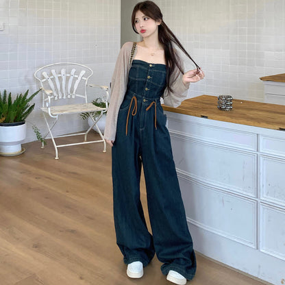 Elegant Knit Cardigan Off The Shoulder Denim Overalls modakawa