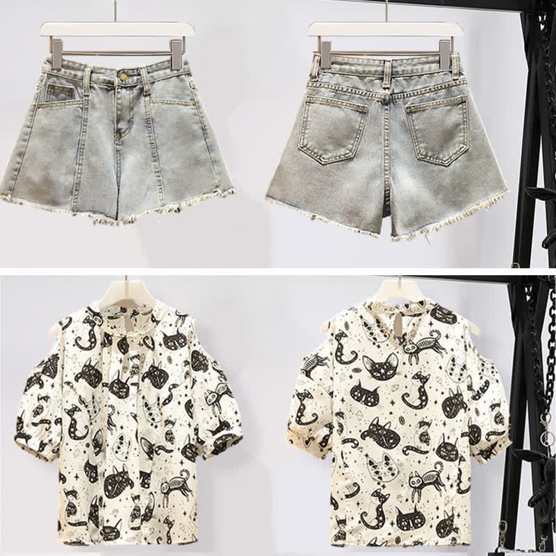 Kitty Print Cold Shouder Chiffon Shirt Casual Denim Shorts