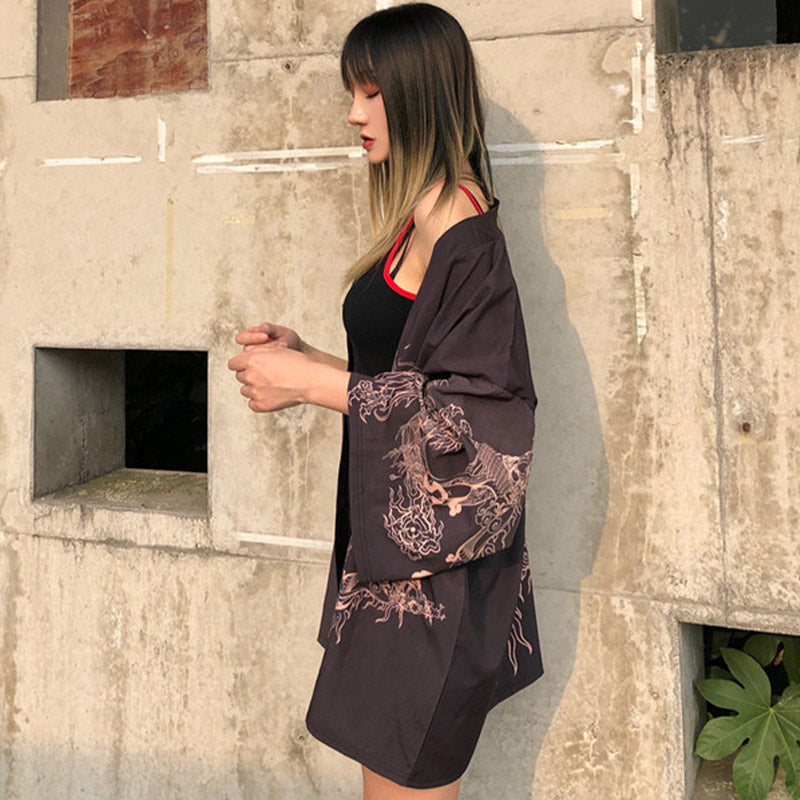 Mysterious Dragon Print Kimono Outerwear