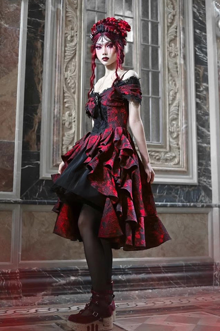 Black Red Feast in Hades Short Sleeve Print Ruffle Cardigan Dress