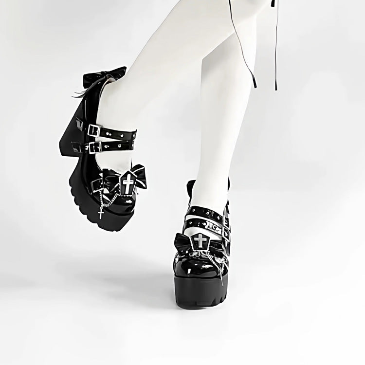 Gothic Punk Princess Heels with Chain & Bow Cross Accent