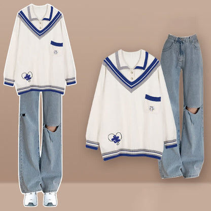 Colorblock Polo Knit Sweater Denim Pants Set