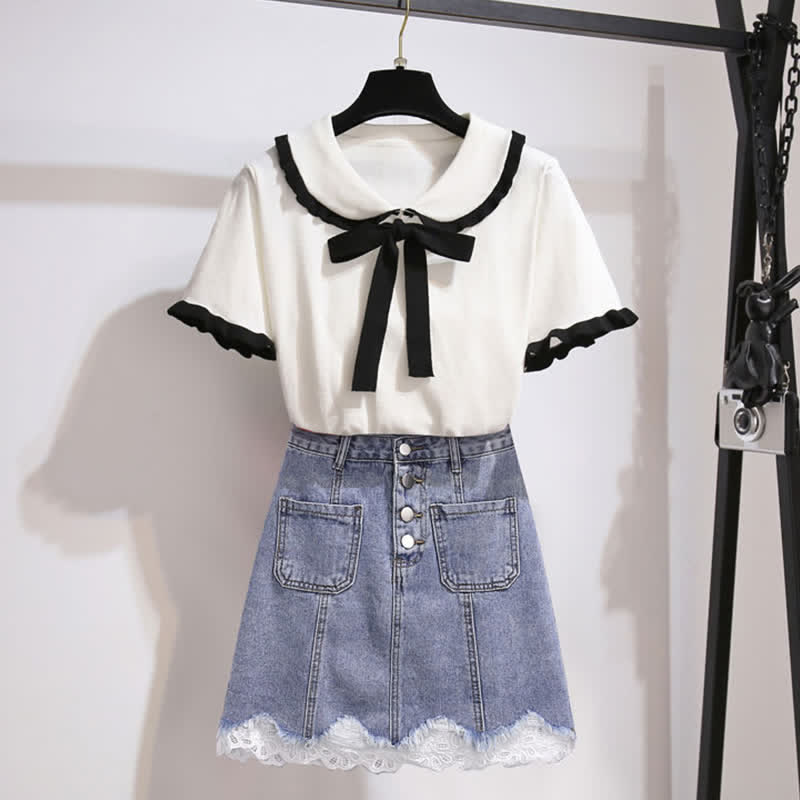 Bowknot Knitted T-Shirt High Waist Denim Skirt