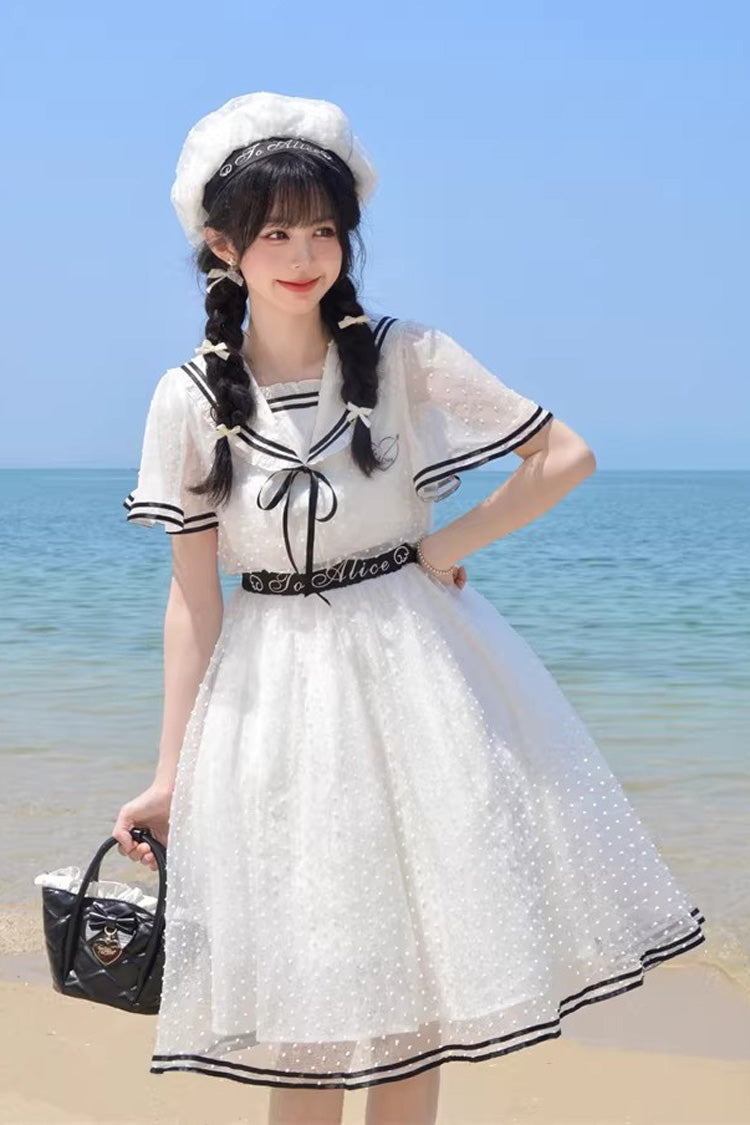 White Seaside Sweetheart Chiffon Navy Collar Short Sleeves Ruffled Lace-Up Slim Sailor Sweet Dress