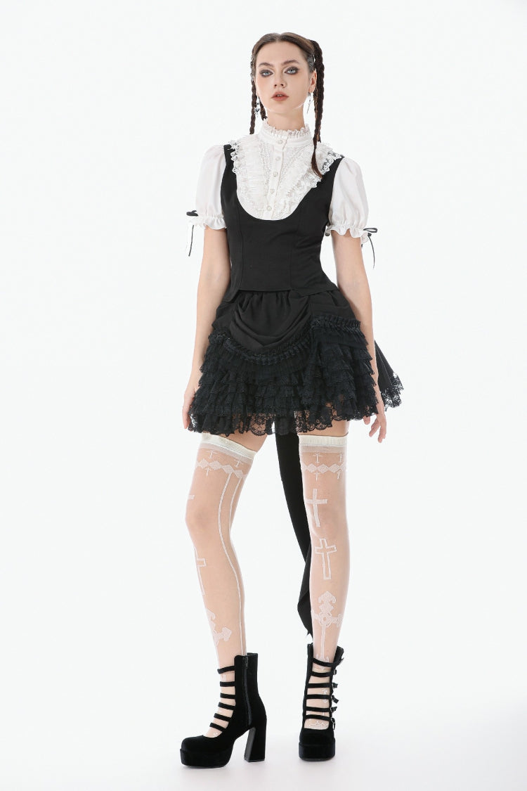Monochrome Gothic Royal Blouse with Lace Ruffles and Stand Collar