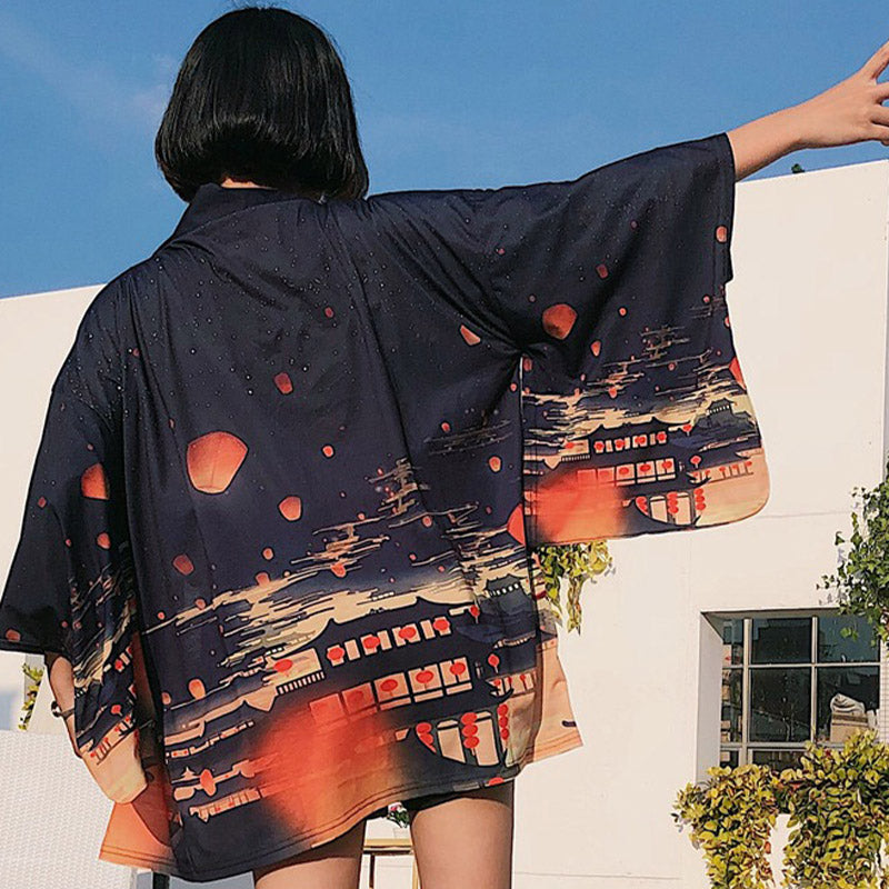 Vintage Lanterns Night Cardigan Kimono Outerwear