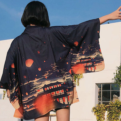 Vintage Lanterns Night Cardigan Kimono Outerwear