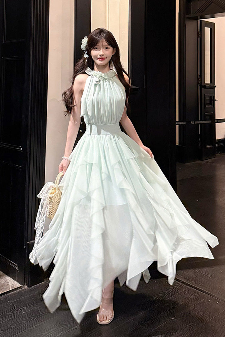 Light Green [Mist Bell] Halterneck Sleeveless Multi-Layered Ruffled Irregular Sweet Lolita Dress