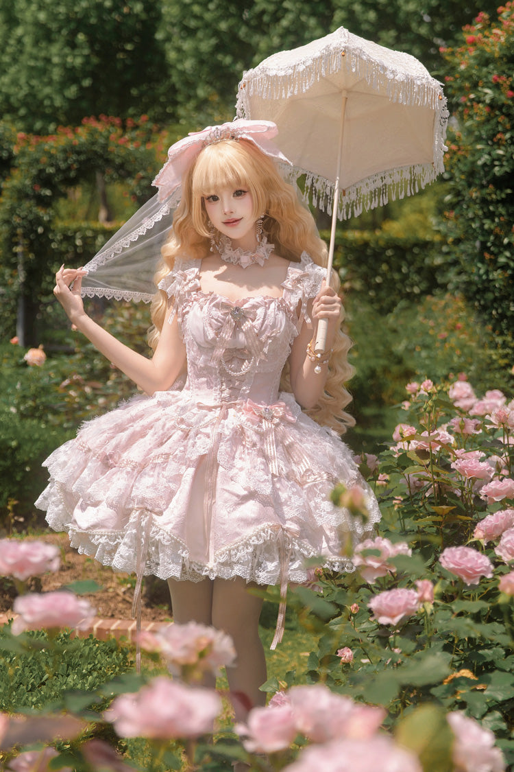 Pink [Anna’s Ball] Square Collar Ruffled Hanayome Bow Lace Sweet Princess Ballet Lolita Jsk Dress
