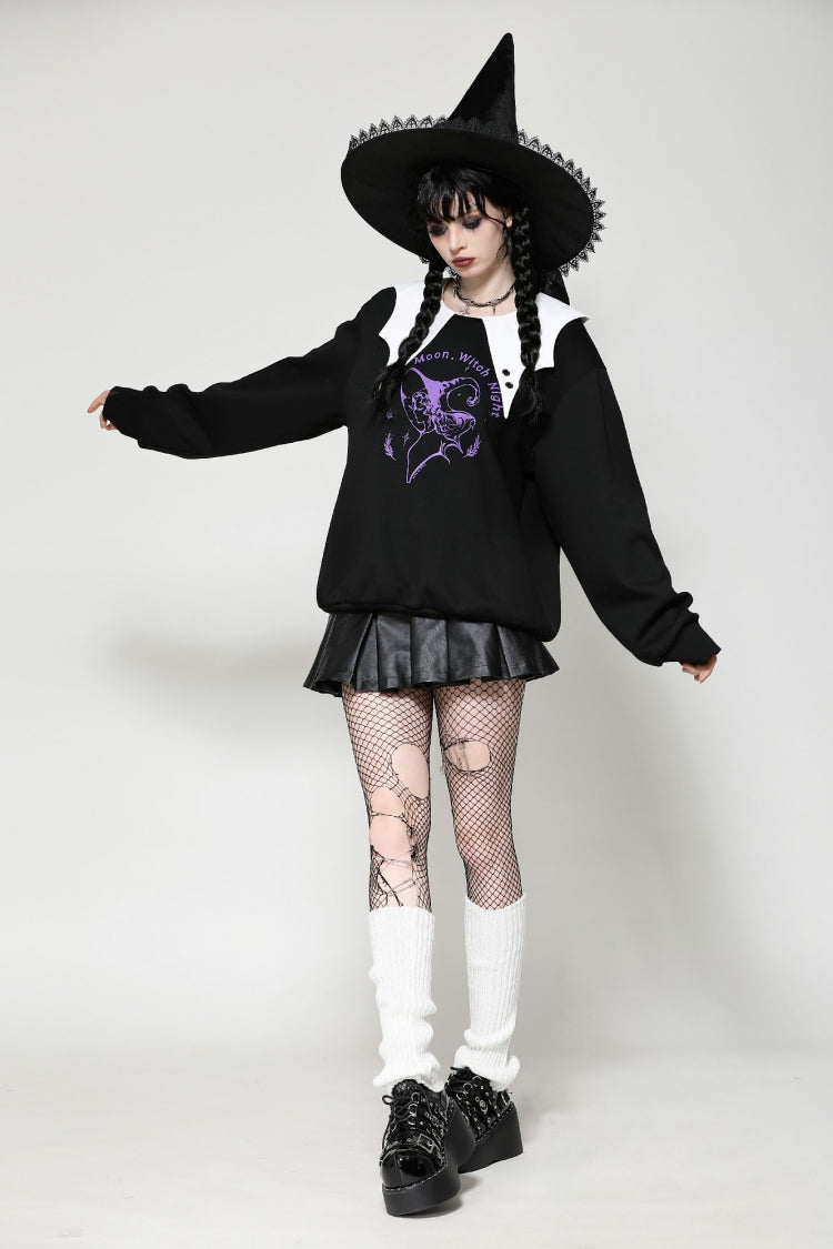 Monochrome Gothic Vintage Sweatshirt with Peter Pan Collar and Long Sleeves