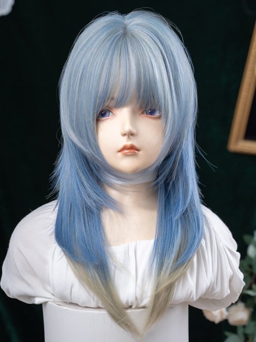 65CM Length Color Straight With Air Wig Hime Ombre Blue Cut Bangs Hair