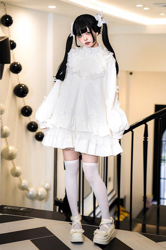 Ivory Ruffled Zip-Up Dapper Sweet Hooded Sweatshirt