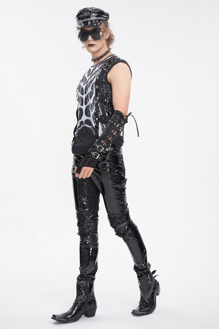 Monochrome Punk Vest with Round Collar and Cut-Out Print