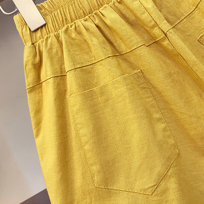 Colorblock Print V-neck T-Shirt Elastic Yellow Shorts Set