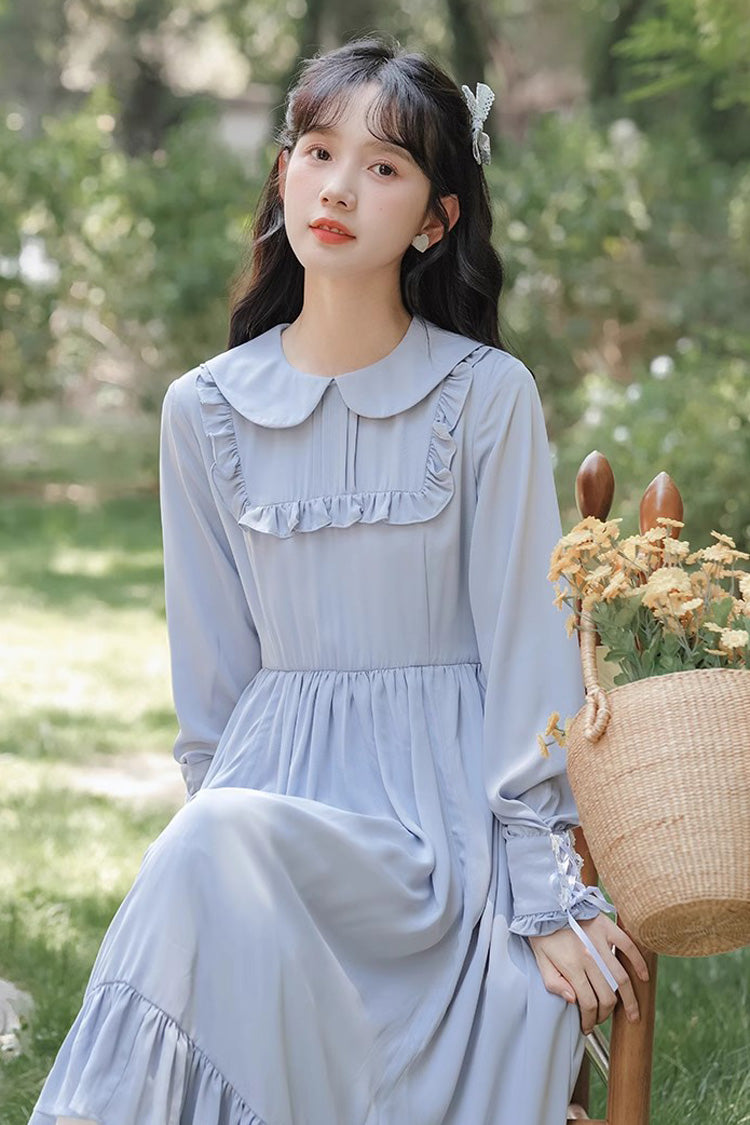 Blue Doll Collar Dress with Ruffled Sleeves - Sweet