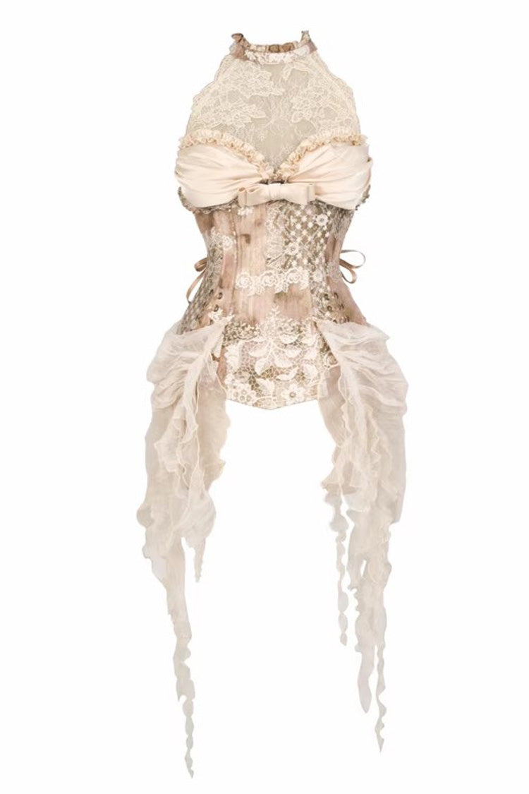 Halterneck Ruffled Embroidered Bow Lace Slim Fishbone Gothic Lolita Top and Skirt Dress Set