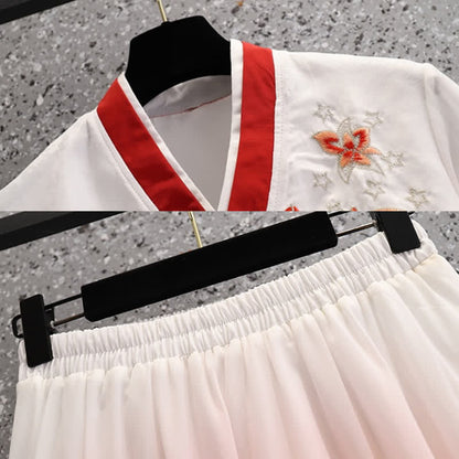 Vintage Red Butterfly Embroidery Shirt Skirt