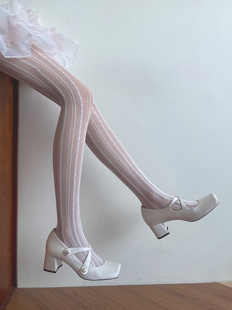 White Hollow-out Y2K Tights