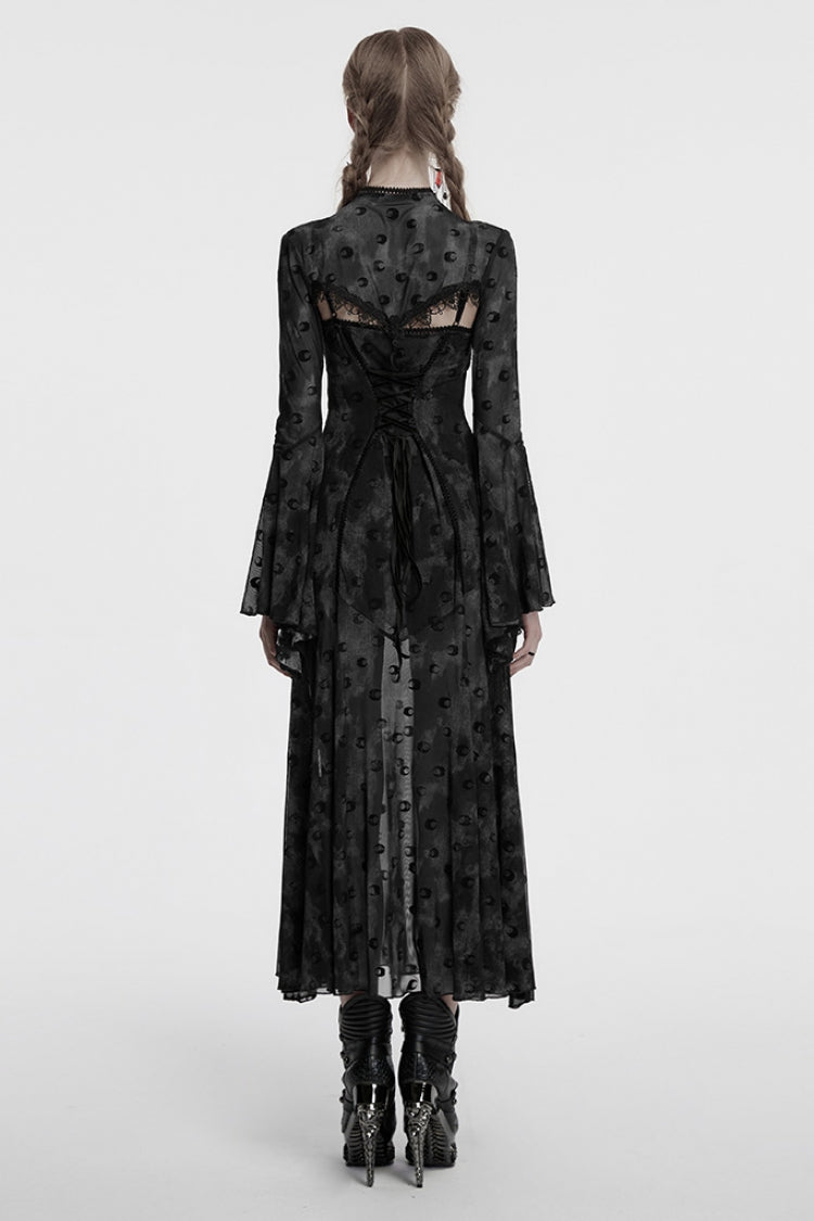 Grey Print Mesh Gothic Slip Dress with Cape