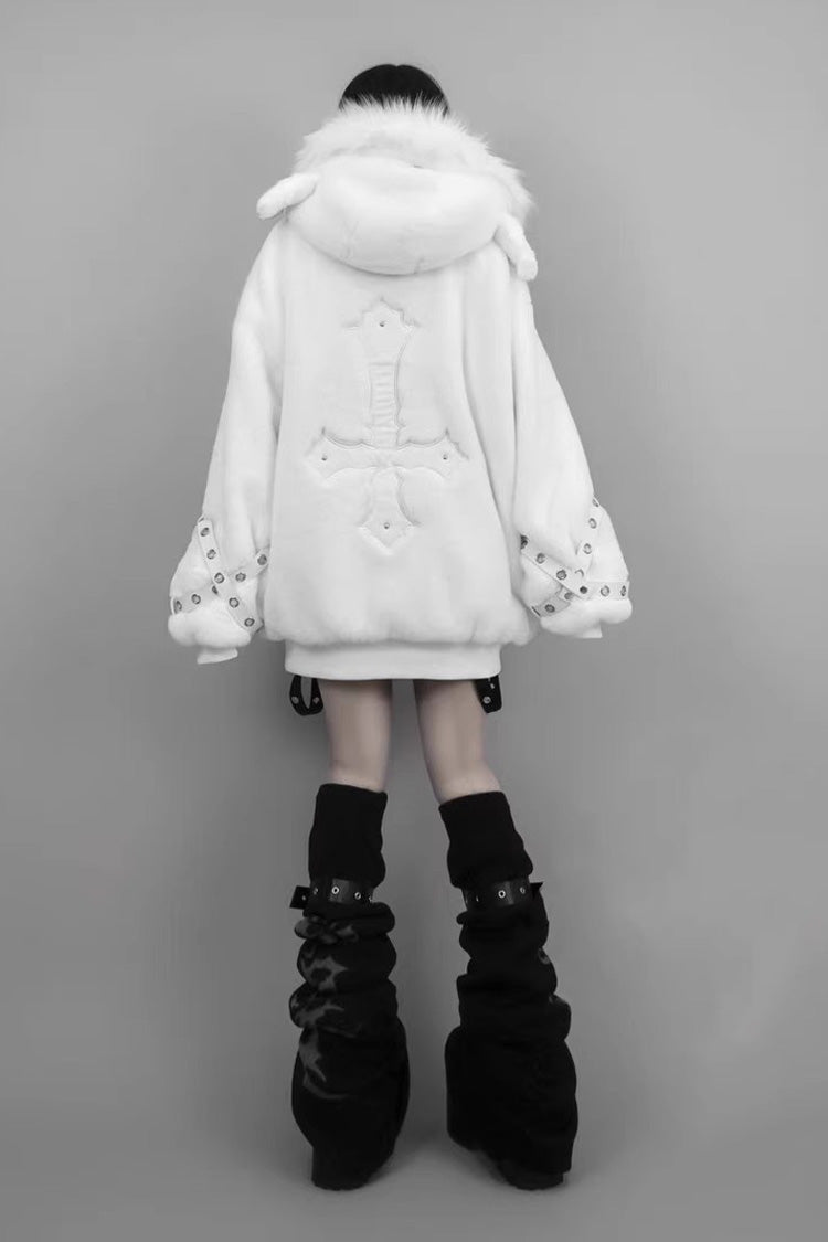 Ivory Lamb Ear Hooded Rivet Punk Japanese Jirai Kei Jacket