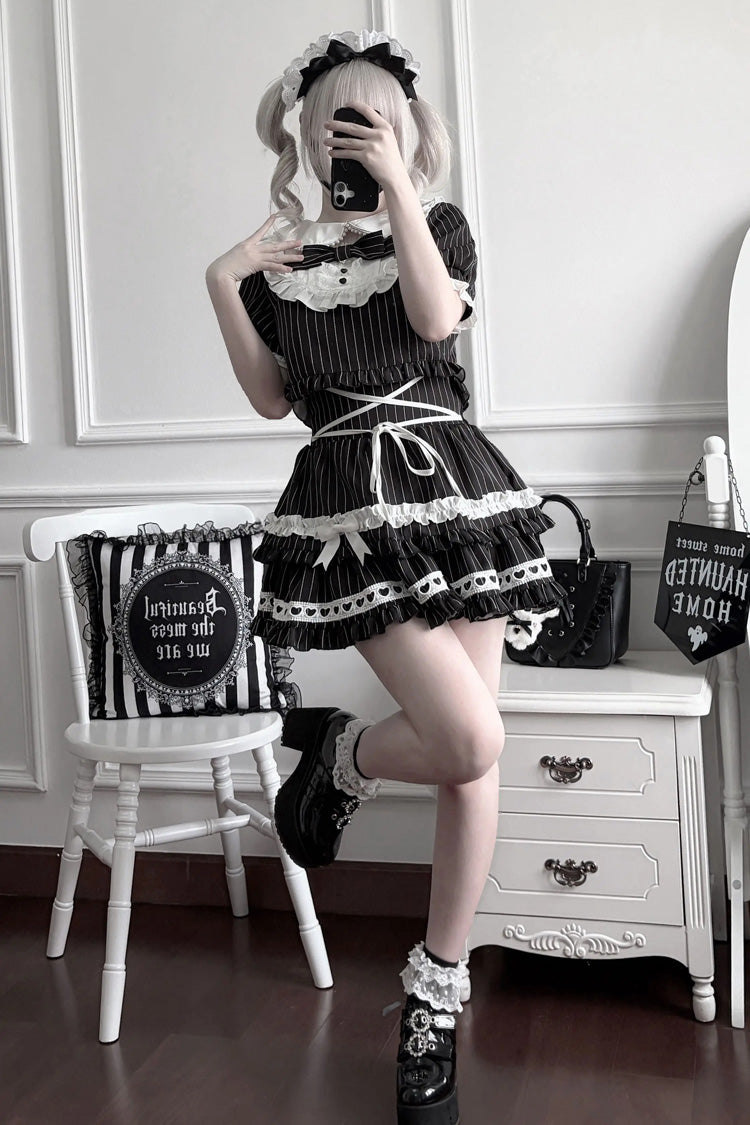 Japanese Skirt Set with Striped Print and Doll Collar