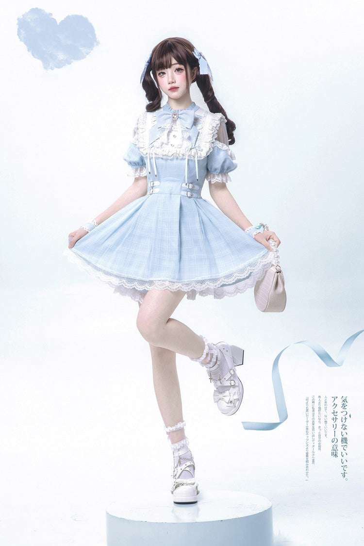 Blue/Aqua Short Sleeves Plaid Printed Ruffled Lace Sweet Jirai Kei Japanese Lolita Dress