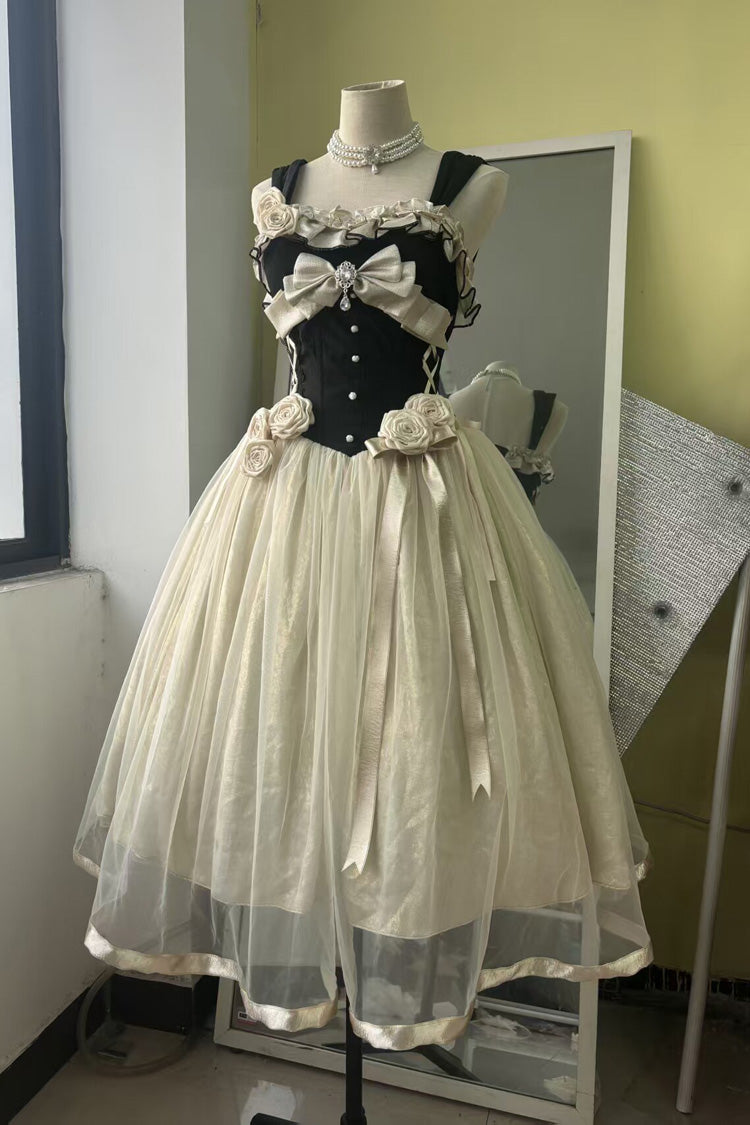 Black/White [Paris Souvenir] Sleeveless Ruffled Bow Lace-Up Fishbone Pearl-Decorated Classic Elegant Lolita Jsk Dress