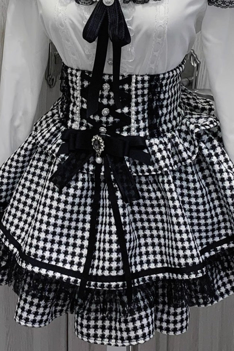 Black White Houndstooth Bow Lace Lace-Up Jirai Kei Skirt