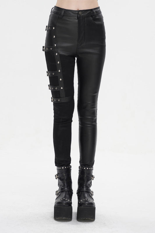 Leather Multi-Buckle Splice Punk Trousers for Women