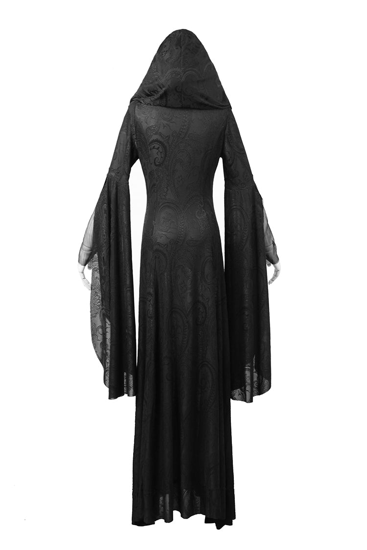Women's Gothic Dress with Hooded Metal Buckle Long Trumpet Sleeves Embroidery