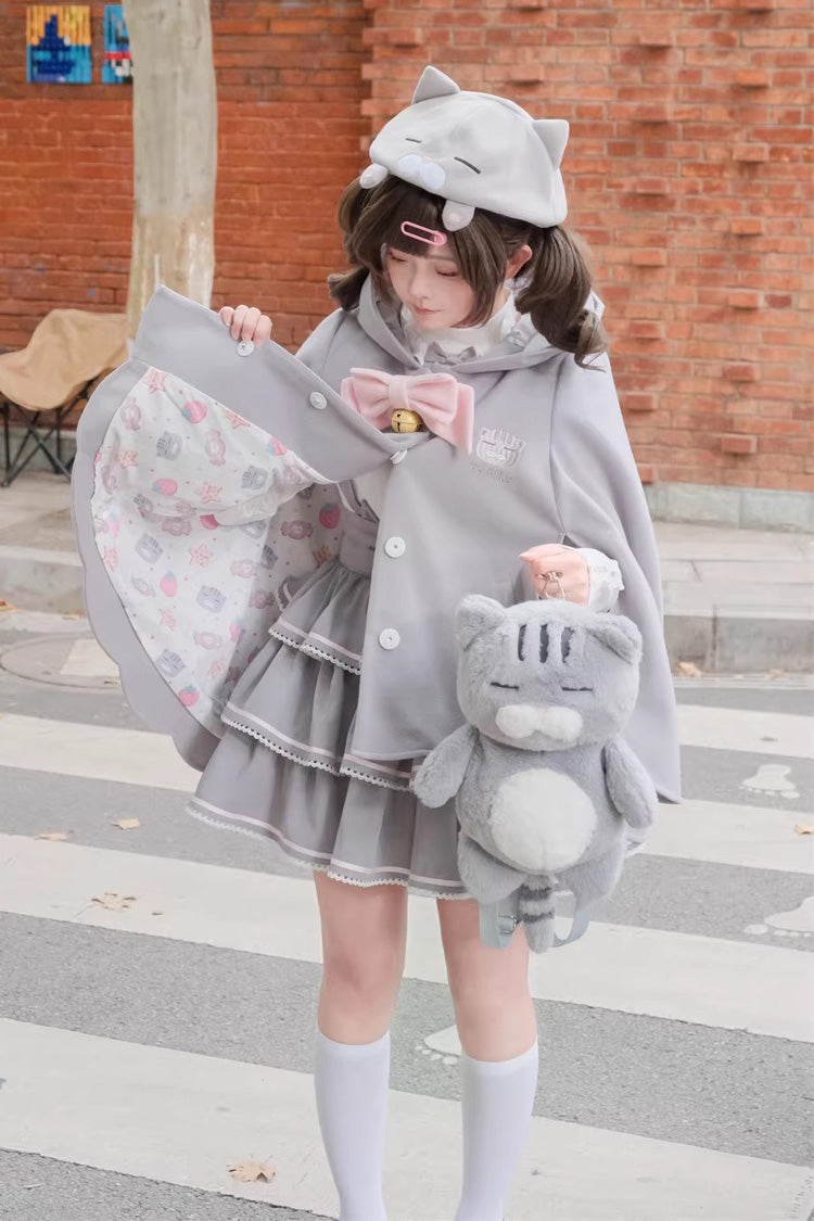 Grey Gloomy Cat Series Sleeveless Triple-Layered Ruffled Sweet Suspender Cake Strap Dress