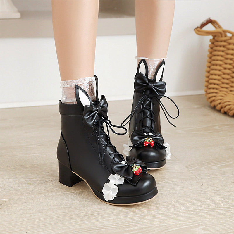 Sweet Strawberry Bow Lolita Lace Up Boots