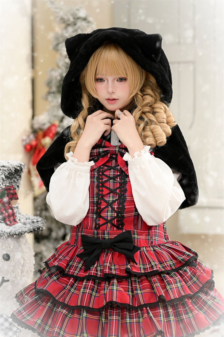 Red Velvet Cake Triple-Layered Printed Ruffled Bow Lace-Up Gothic Elegant Jsk Dress
