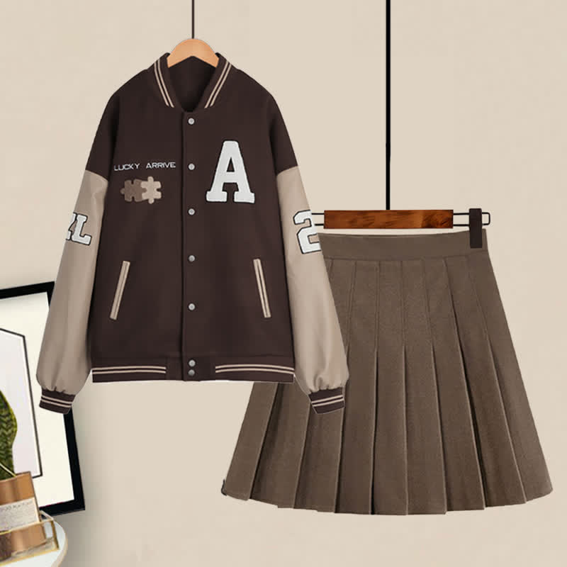 Brown Letter Baseball Jacket Pleated Skirt Set