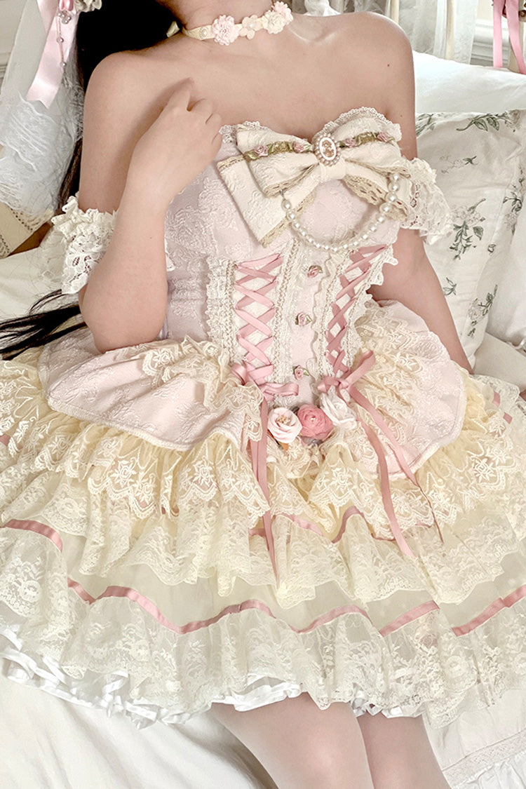 Rose Petal Triple-Tier Bow Lace Gorgeous Lolita Skirt - Sweet Tea Rose Dew