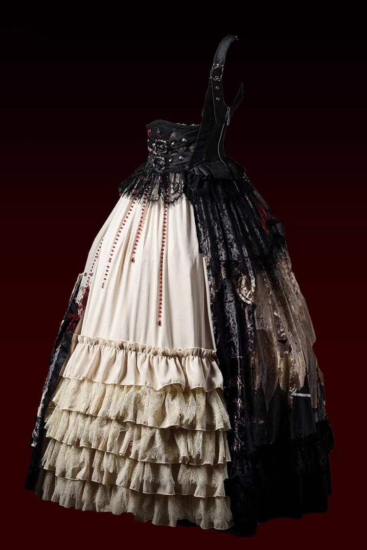 Sleeveless Multi-Layered Printed Ruffled Open-Front Gothic Plus Size Lolita Strap Dress
