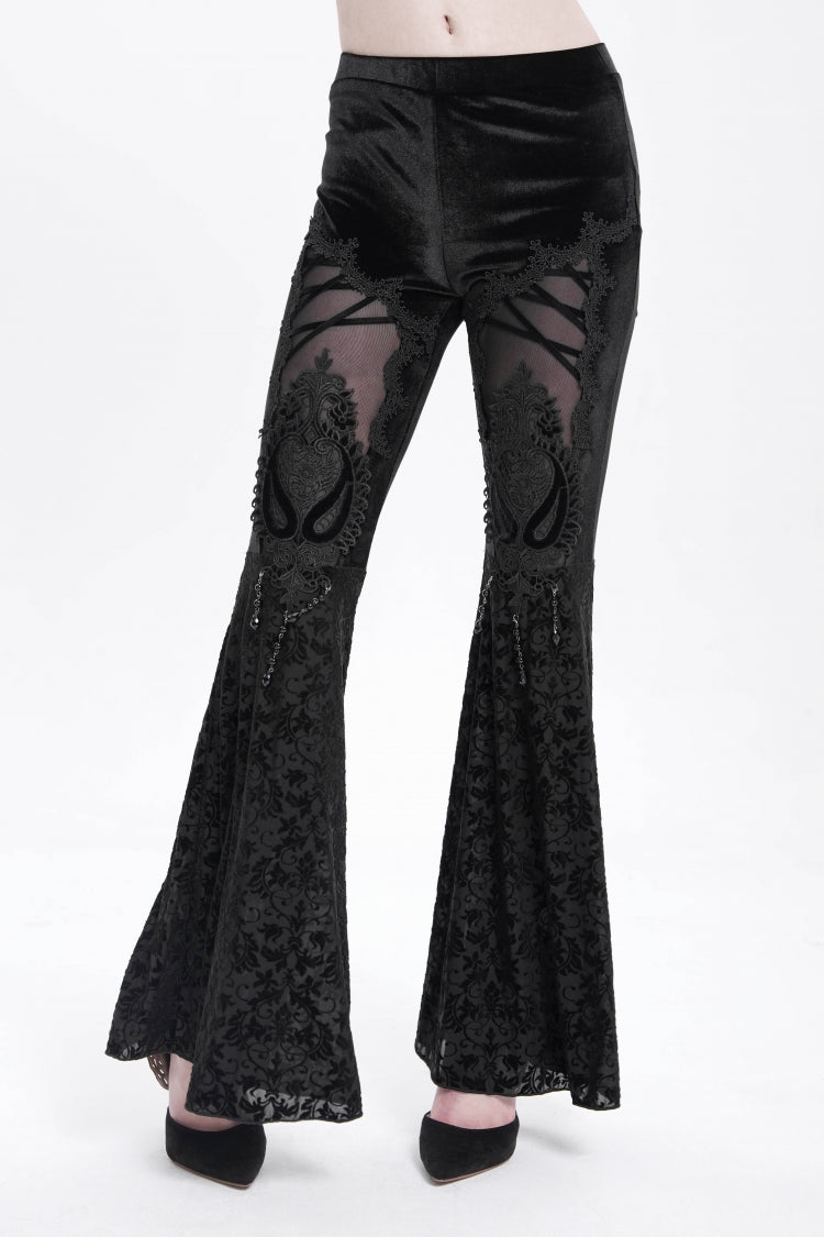 Floral Embroidered Flared Gothic Pants with Cutout Design for Women