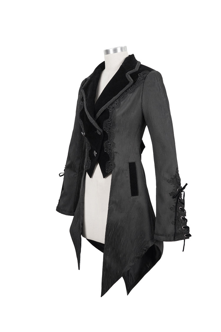 Women's Gothic Coat in Black with Decals, Metal Button Lace-Up Cuffs & Striped Jacquard
