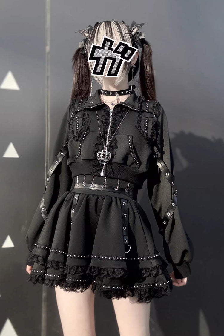 Ruffled Lace Zippered Gothic Jirai Kei Handsome Skirt Set