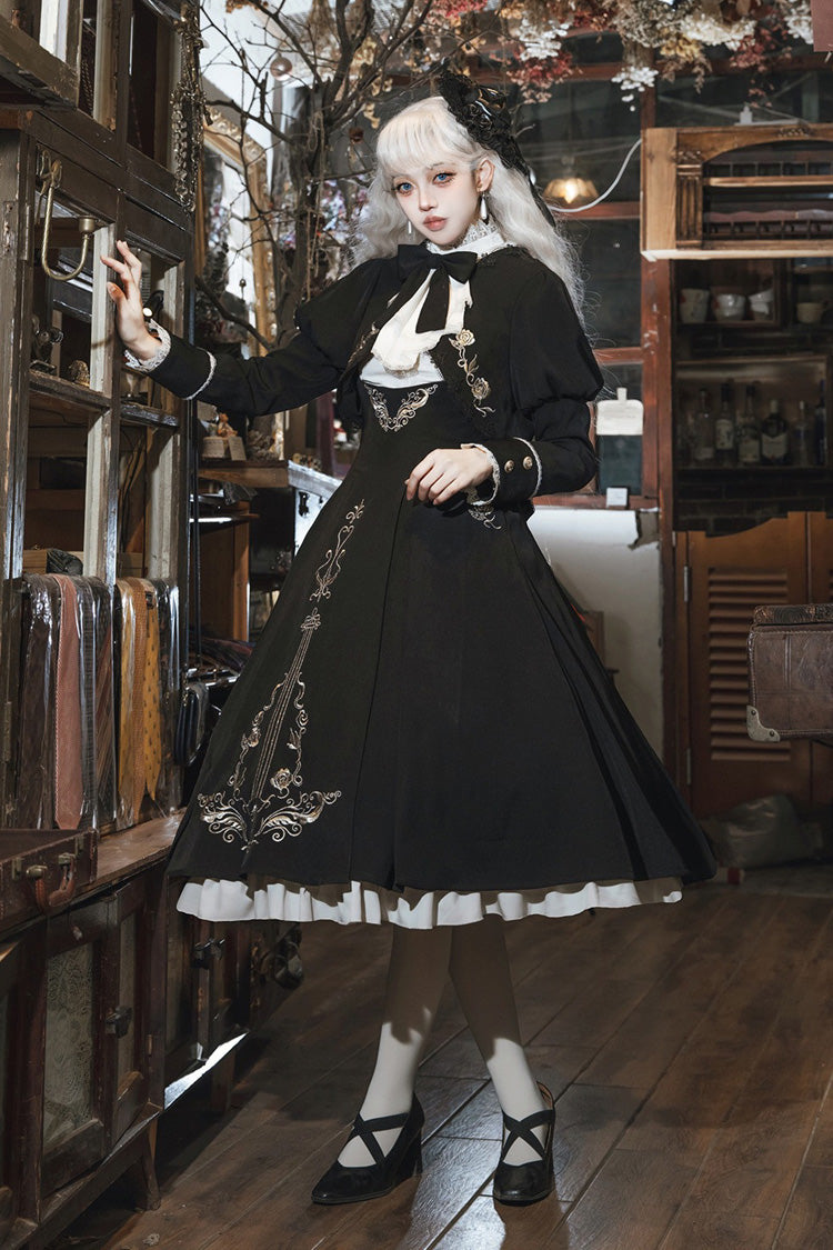 Black White Violin Variations Ruffled Embroidered Gothic Jumper Set