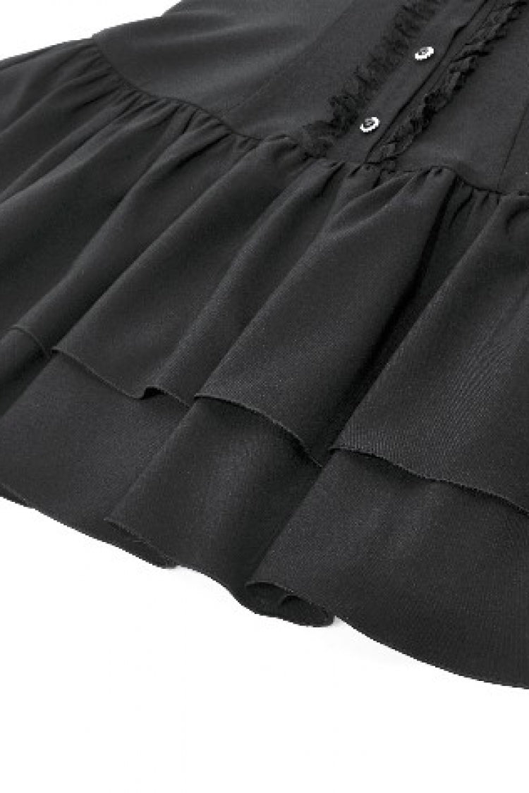 Black Short Sleeves Pleated Bow-Trim Lace Lace-Up Women's Lolita Gothic Dress