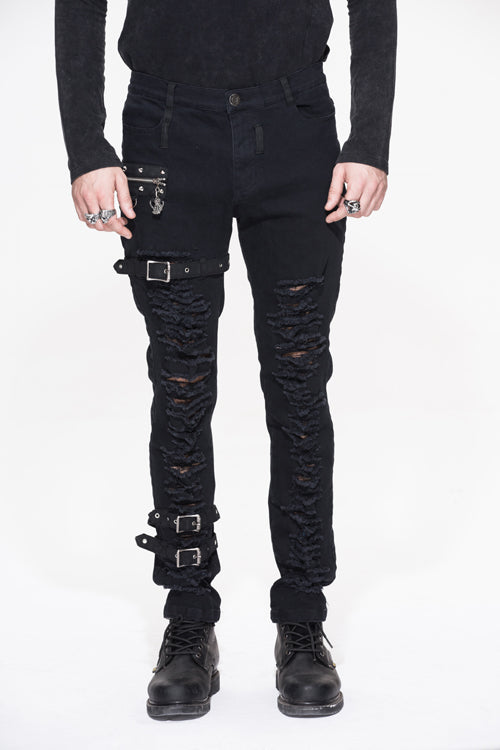 Midnight Metallic Grommet Belted Punk Trousers for Men