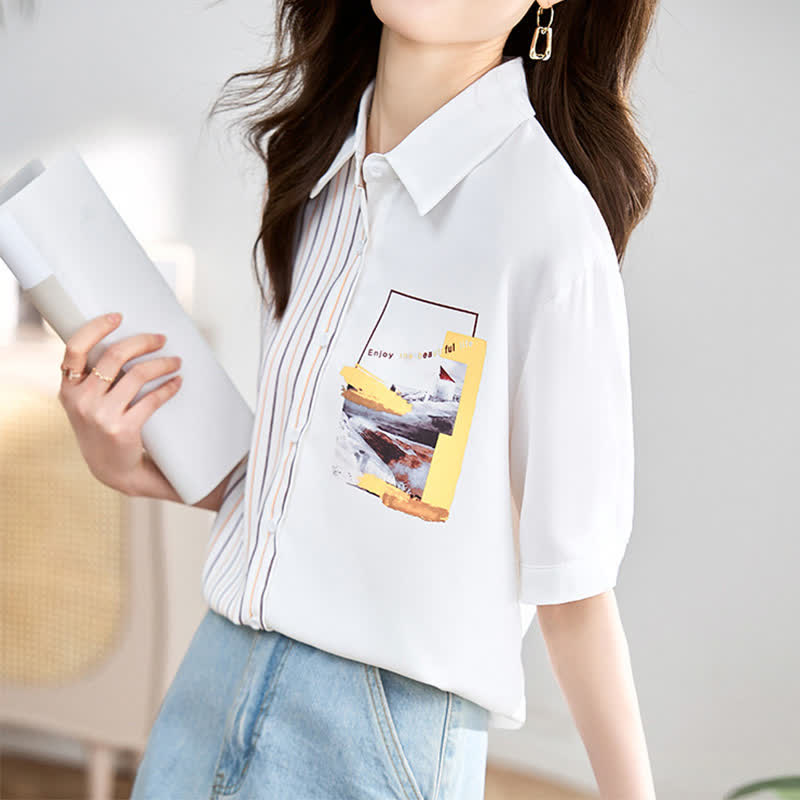 Sweet Irregular Stripe Chiffon Lapel Shirt