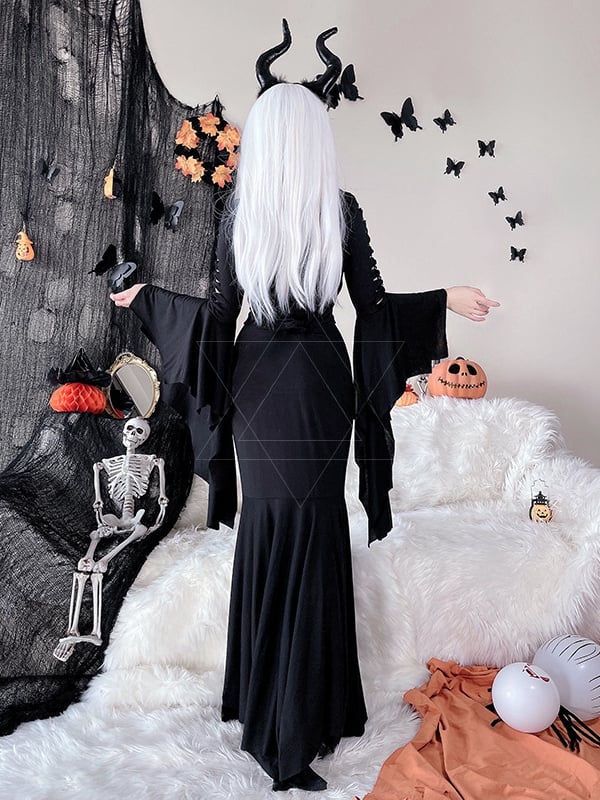 Halloween Costume Black Wide Bat Sleeves Witch Dress