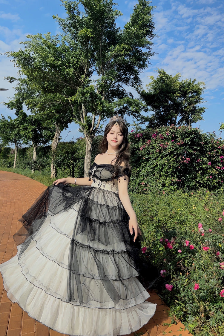 Monochrome Gothic Plus-Size JSK with Lace-Up Front and Hanayome Ruffles - Long