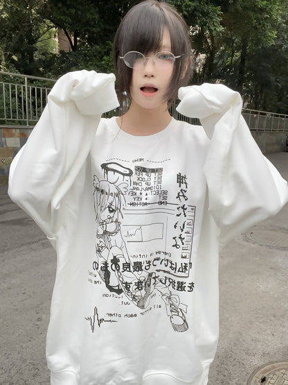 Jirai Kei White Round Neck Graphic Sweatshirt Yami Kawaii Top