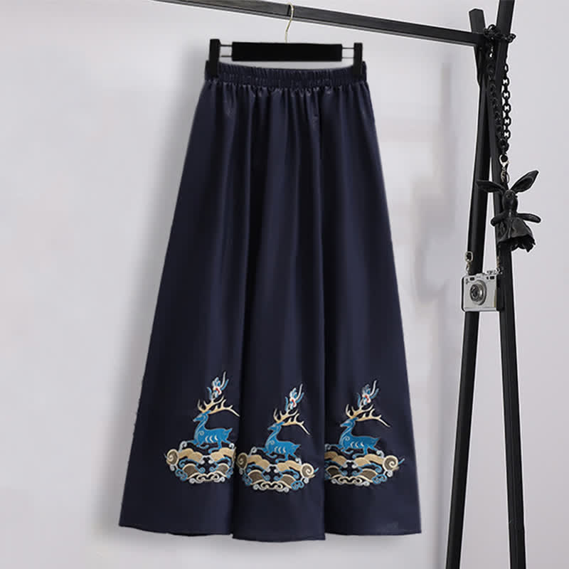 Elegant Deer Embroidery Buckle Shirt Skirt