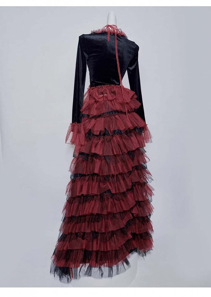 Gothic Black and Red Lace Hem Tiered High-Low Skirt