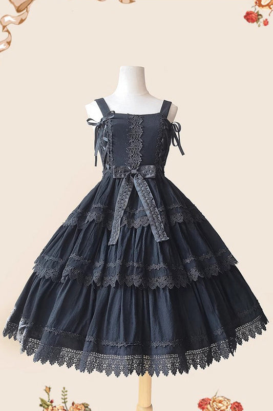 Black Three-Tiered Sweet Lolita Dress with Ribbon and Sleeveless