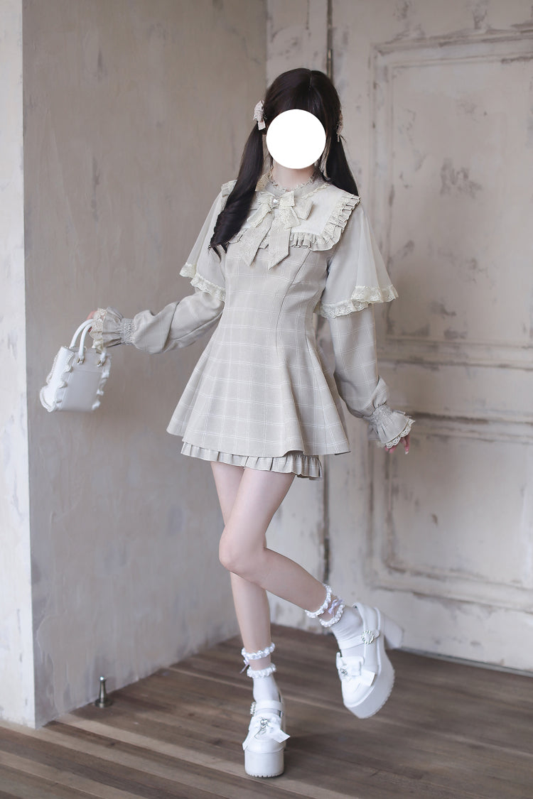 Light Brown Long Sleeve Plaid Print Ruffled Bow Jirai Kei Dress